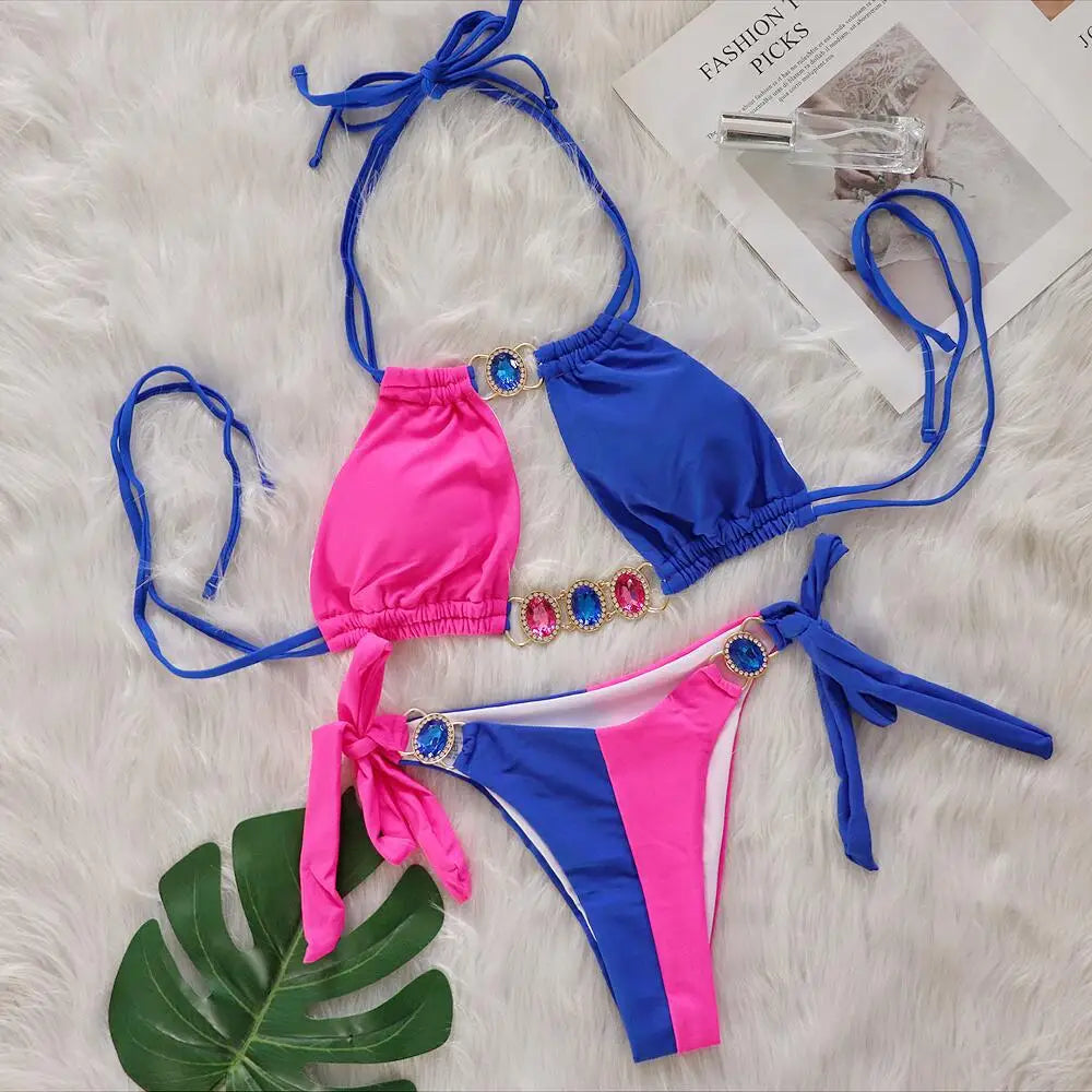 Rhinestones Splicing Bikini
