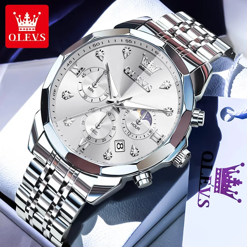 6OLEVS 370 Men's Watches Fashion Waterproof Calendar Luminous Moon Phase Quartz Watch Man Chronograph Clock