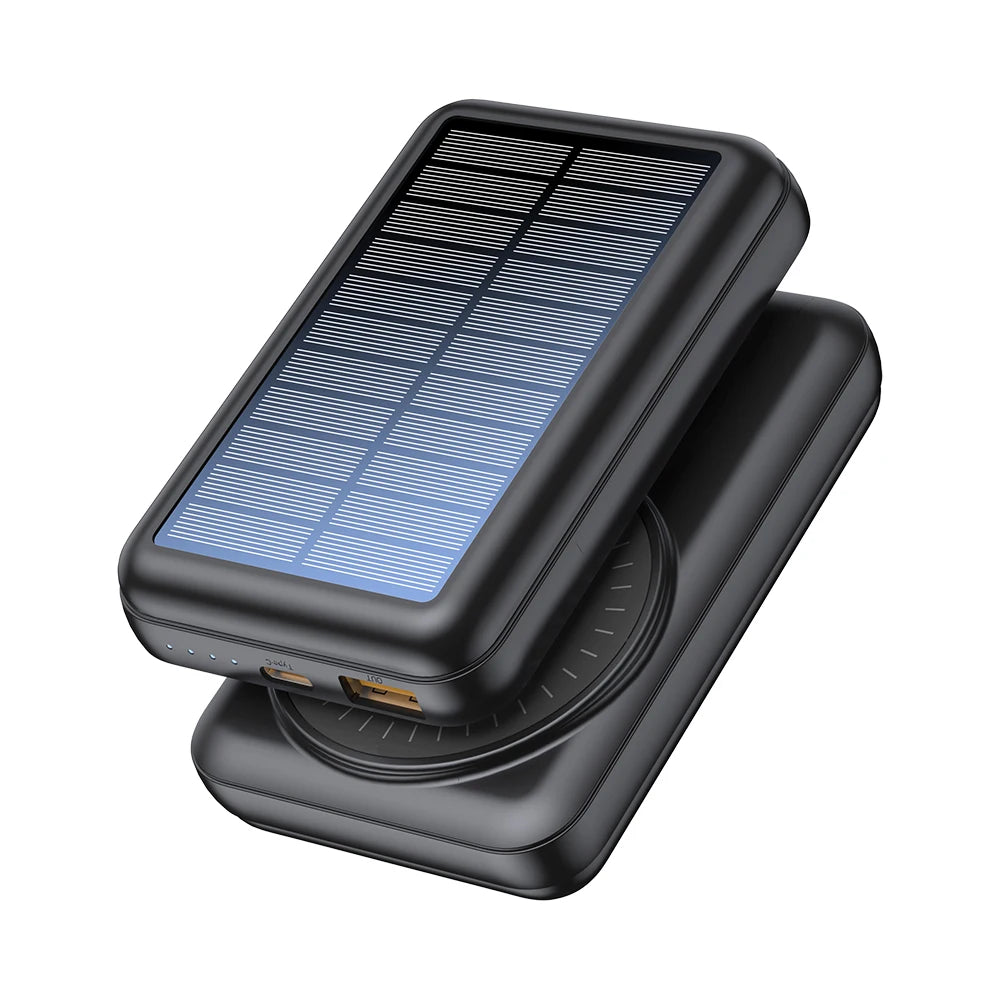 15W Solar Magnetic Power Bank 10000mAh, Wireless Charger w/ USB & USB-C, PD20W Fast Charge, Portable Solar Charger for Phones