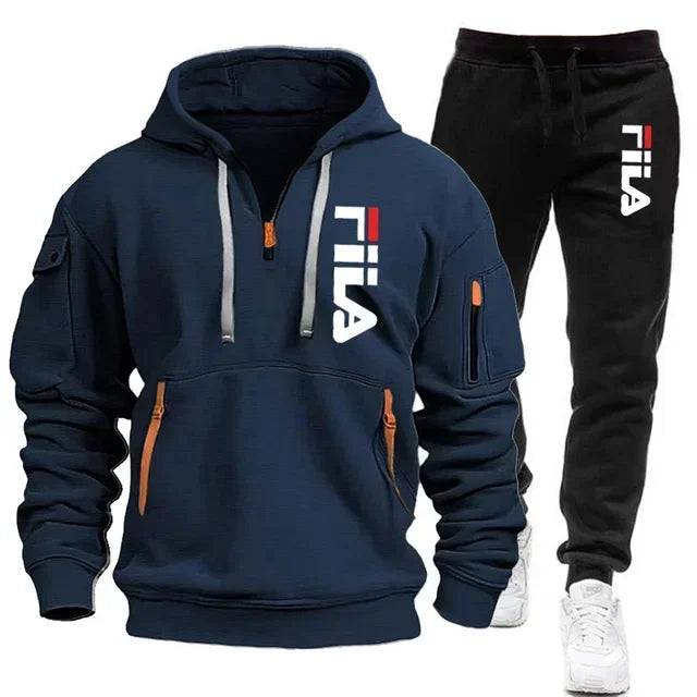 2026 Autumn and winter new men's multi pocket zipper hooded sports shirt+pants two-piece set, men's casual pullover sports set