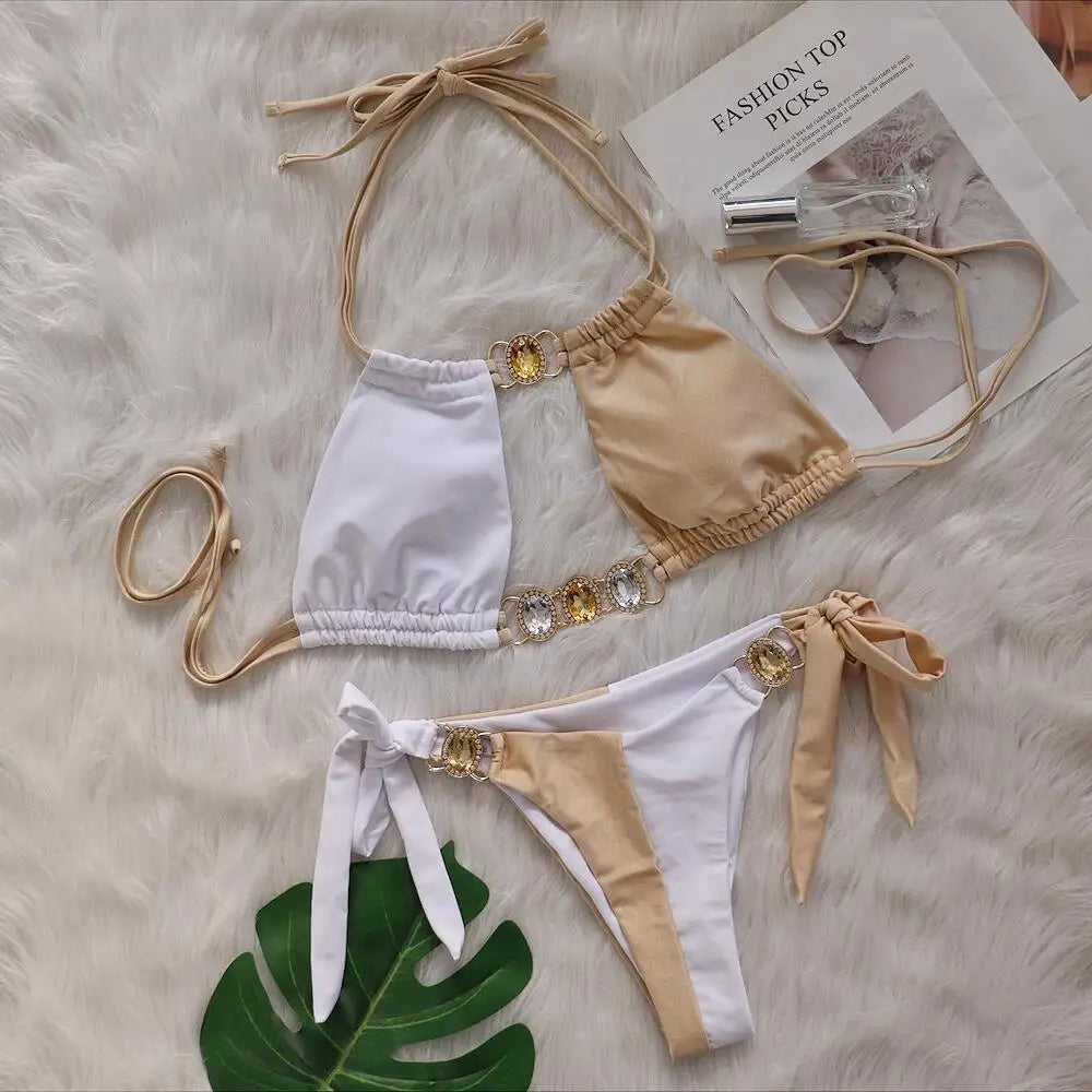 Rhinestones Splicing Bikini