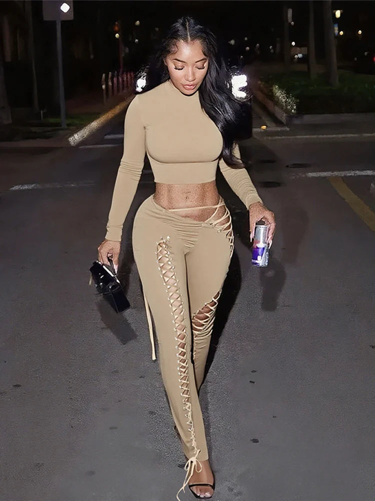 2-Piece Set O-Neck Long Sleeve Simple Crop Tops+Cross Bandage Hollow Pants