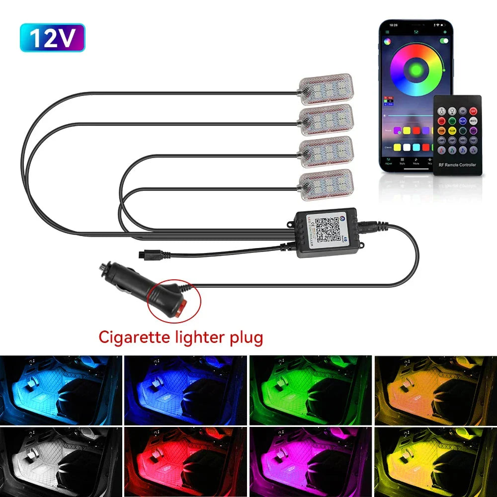 LED Car Interior Ambient Lights Kit – RGB Footwell Strip Lighting with Remote & App Music Control