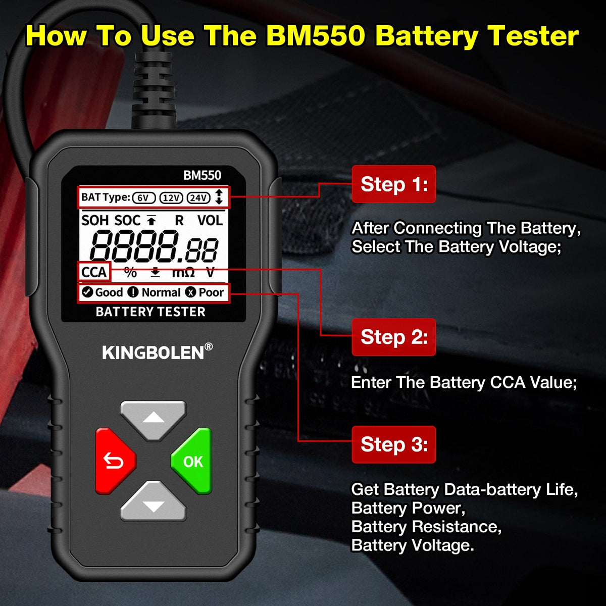 KINGBOLEN BM550 Car Battery Tester 6V 12V 24V 100-2000 CCA Battery System Detect Auto Battery Analyzer Car Battery Tool PK KW208