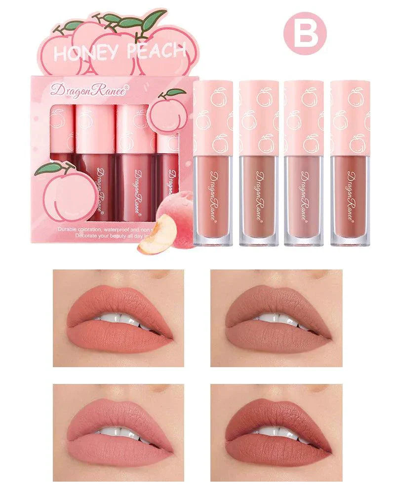 Mini Velvet Matte Lip Gloss Set 4 Piece Long Lasting Non Fading Non Stick Cup Fruit Scented Lip Tint Smooth Lightweight