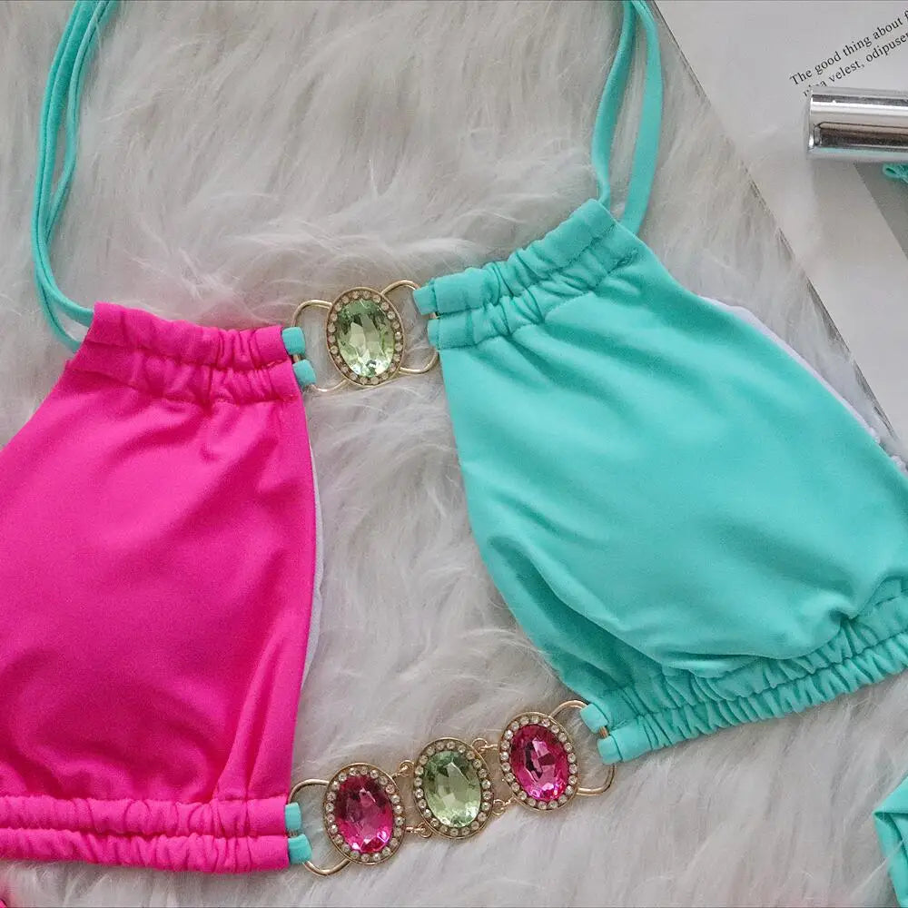 Rhinestones Splicing Bikini