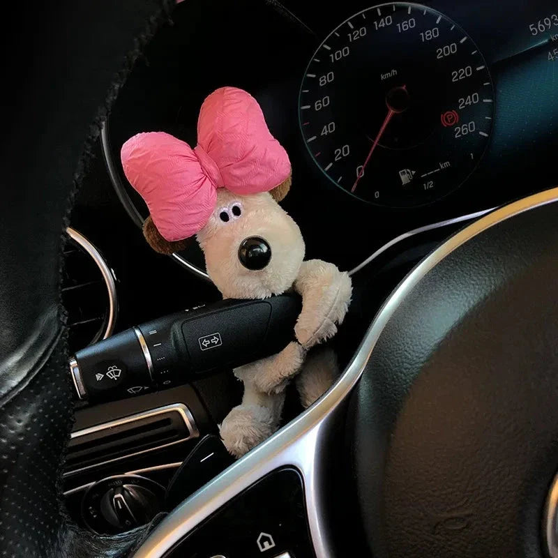 Kawaii Plush Puppy Clutch Decoration – Cute Dog Car Wiper & Turn Signal Switch Ornament with Bowknot | Auto Interior Accessories