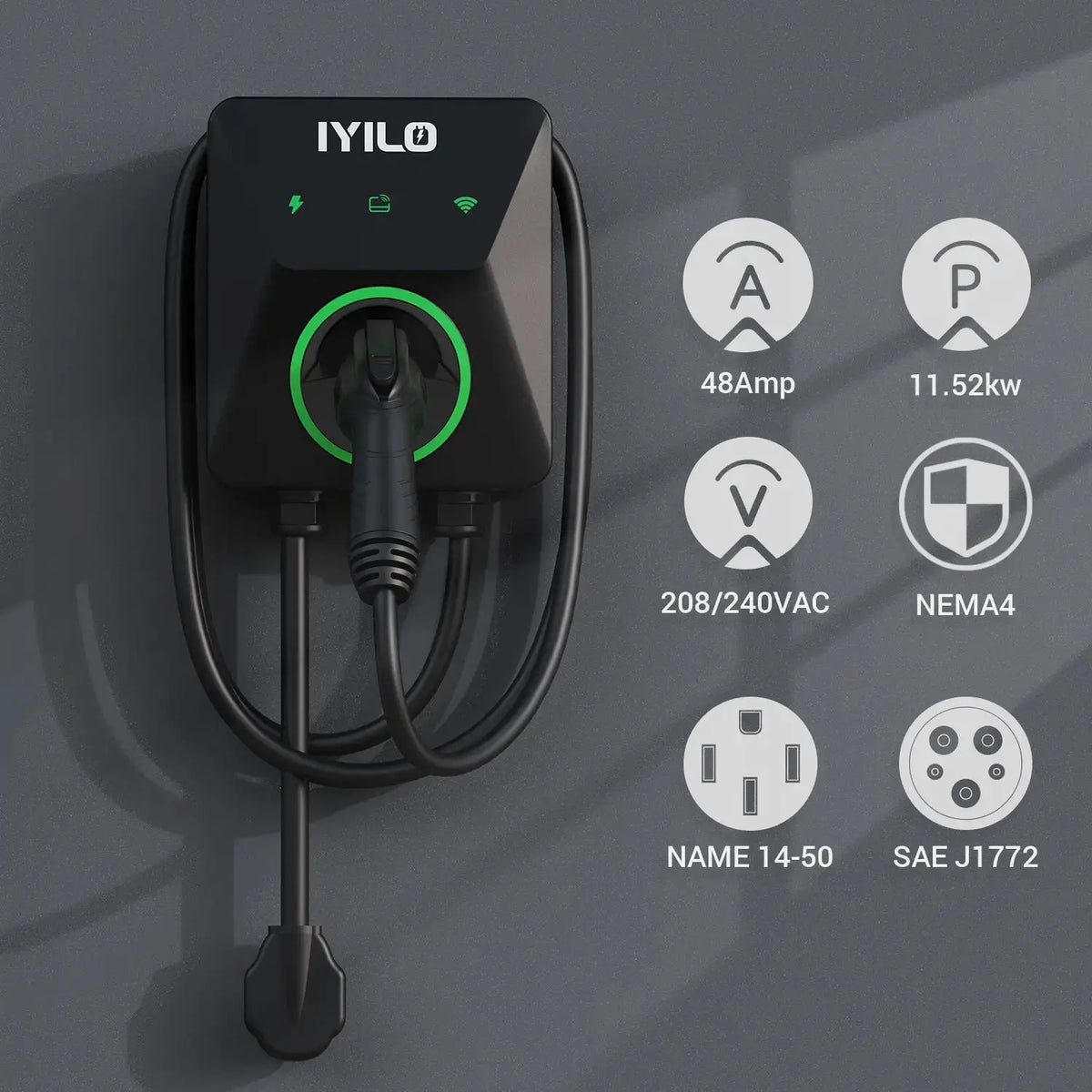 IYILO EV Charger Level 2 NEMA 14-50 J1772 Wall-mounted Plug In - 48A