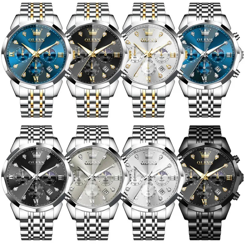 6OLEVS 370 Men's Watches Fashion Waterproof Calendar Luminous Moon Phase Quartz Watch Man Chronograph Clock