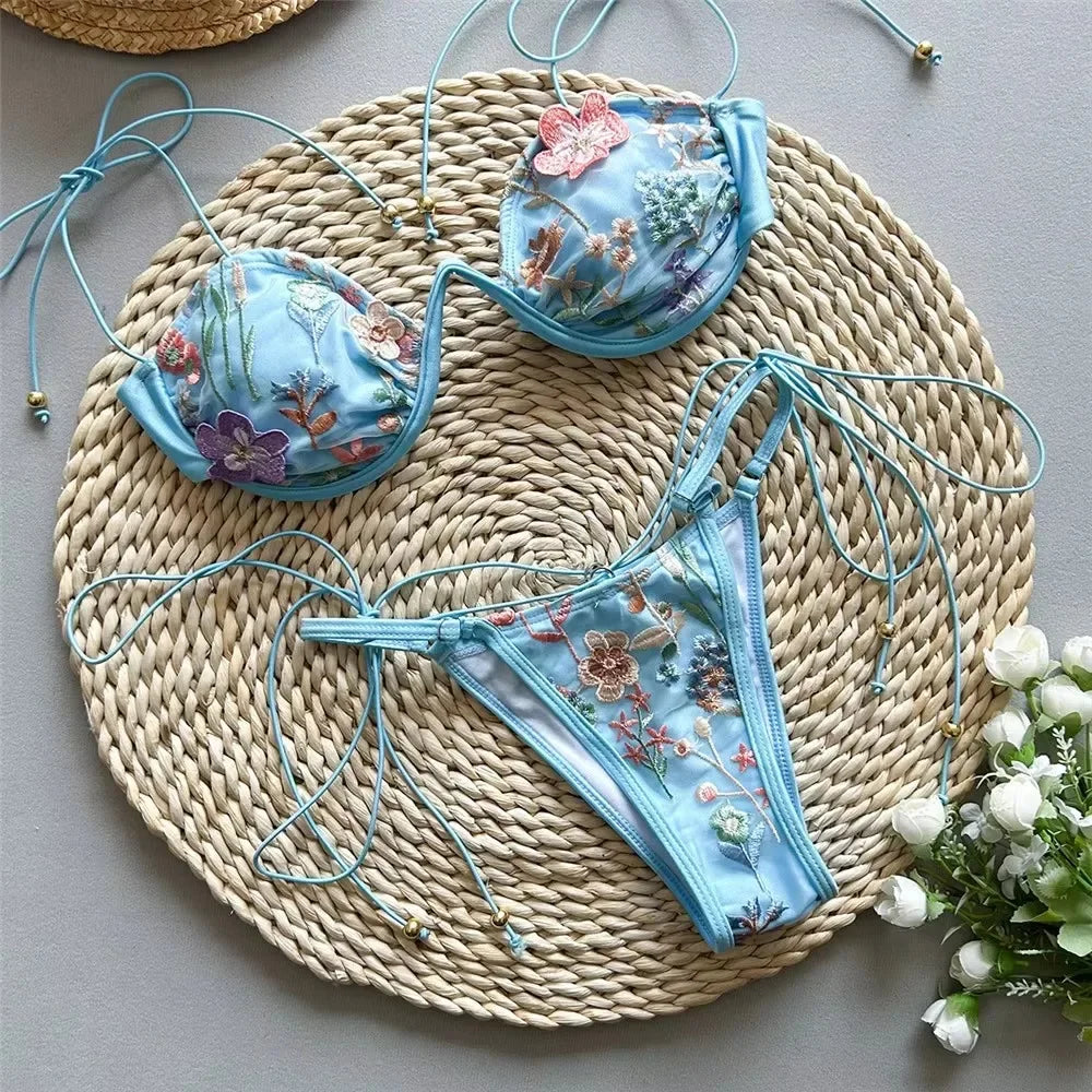 Floral Embroidery Micro Bikini