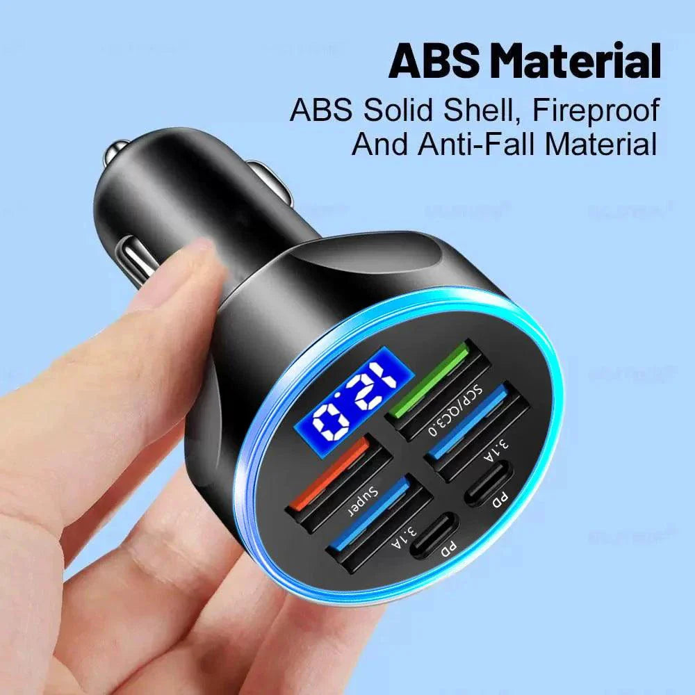 66-250W PD Car Charger QC3.0 Fast Charge with Digital Display 4USB and 2PD Ports for Car Cigarette Lighter Plug