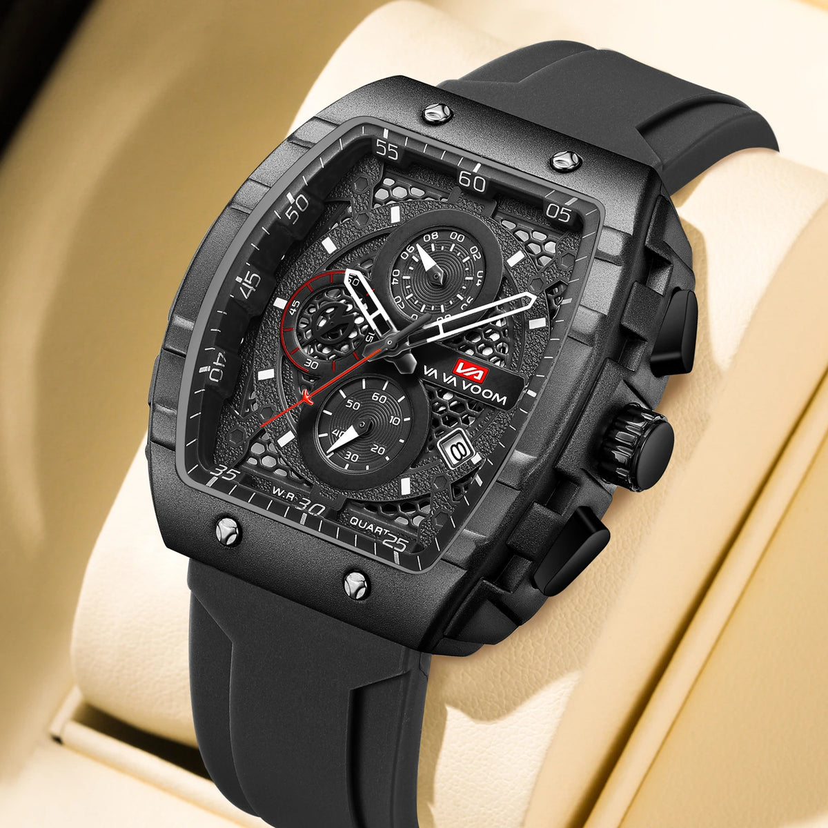 2025 New Men's Watch Multi functional Quartz Movement Rectangular Blue Dial Sports Clock Casual Fashion Silicone Strap Men Watch