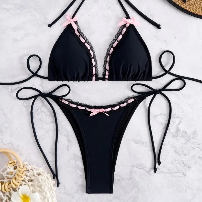Lace Trim Tie Bow Bikini