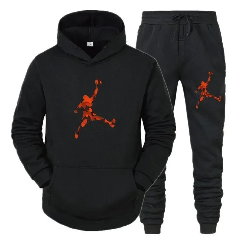 2025 New men's fashion casual sportswear, outdoor fitness jogging set, autumn and winter pullover hoodie + warm pants two-piece
