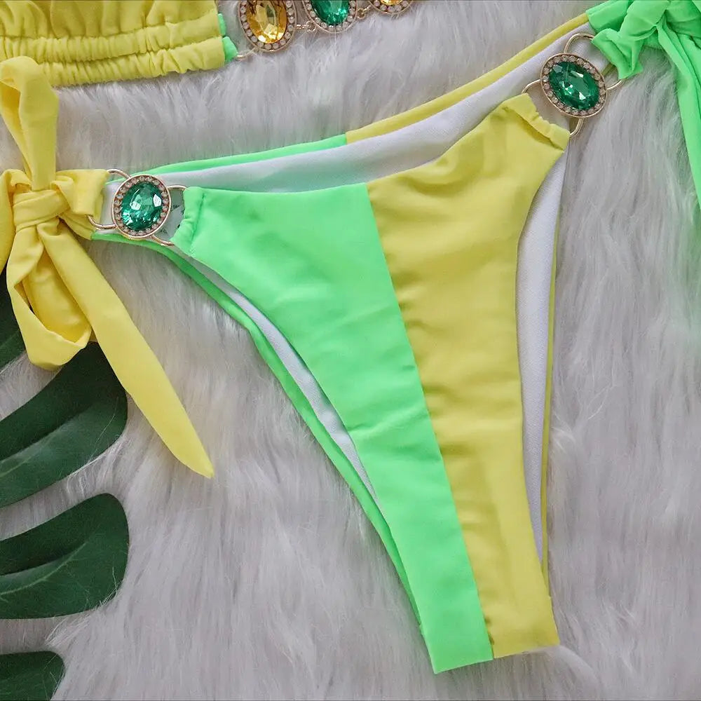 Rhinestones Splicing Bikini