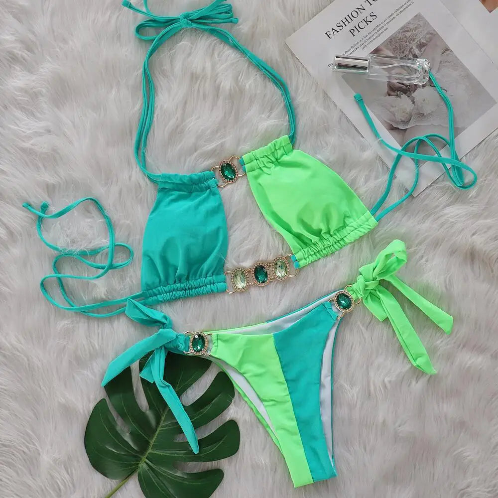 Rhinestones Splicing Bikini