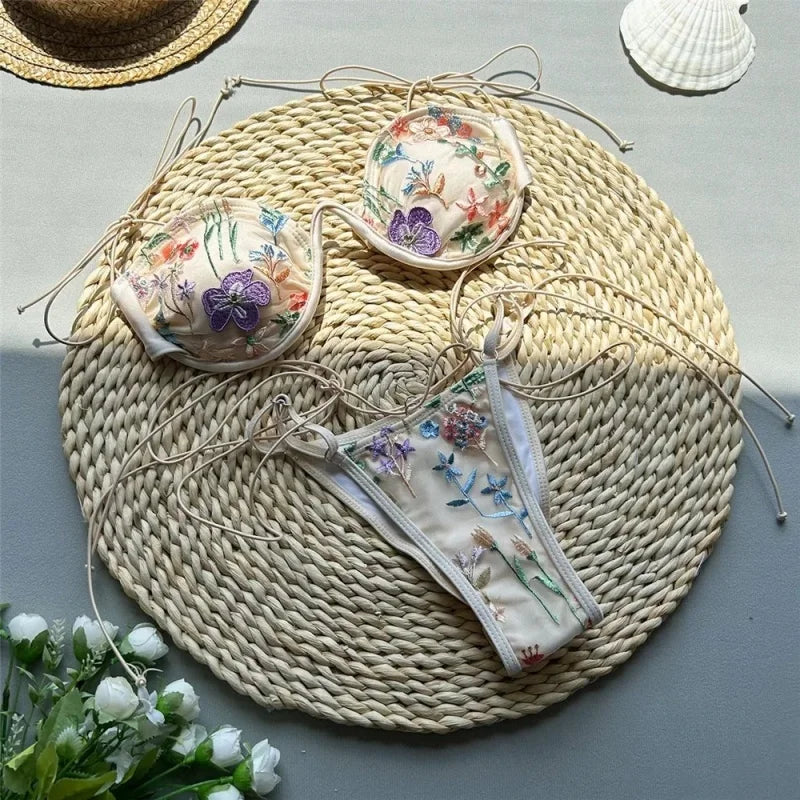 Floral Embroidery Micro Bikini
