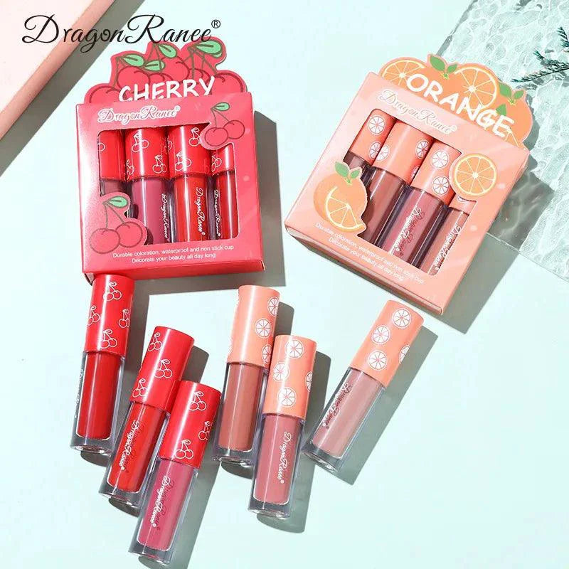 Mini Velvet Matte Lip Gloss Set 4 Piece Long Lasting Non Fading Non Stick Cup Fruit Scented Lip Tint Smooth Lightweight