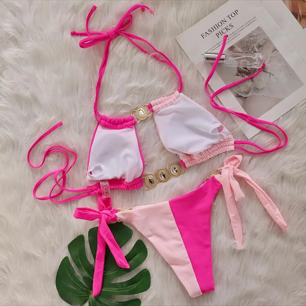 Rhinestones Splicing Bikini