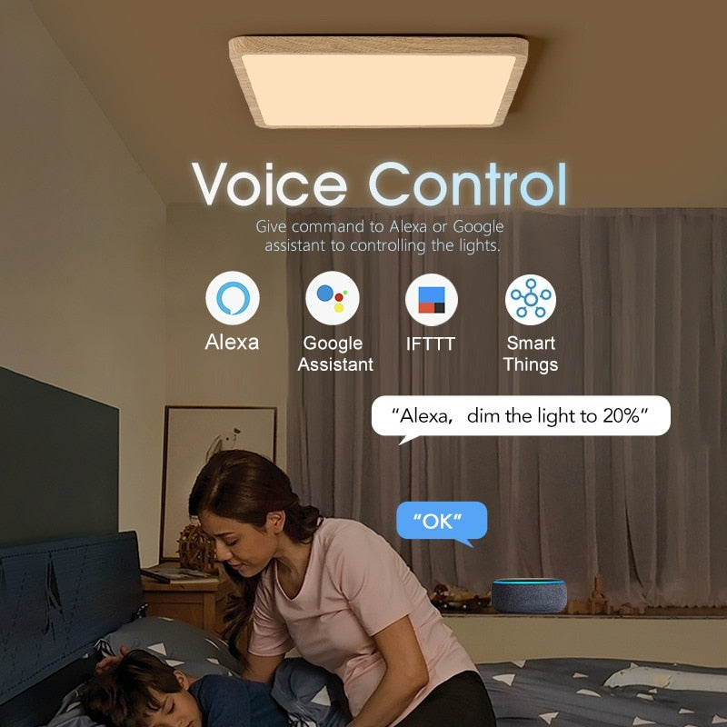 Smart Wood Grain LED Ceiling Lamp: Tuya App & Voice Control, Alexa/Google Compatible, Remote Control, Stylish Square Ceiling Light for Living Room