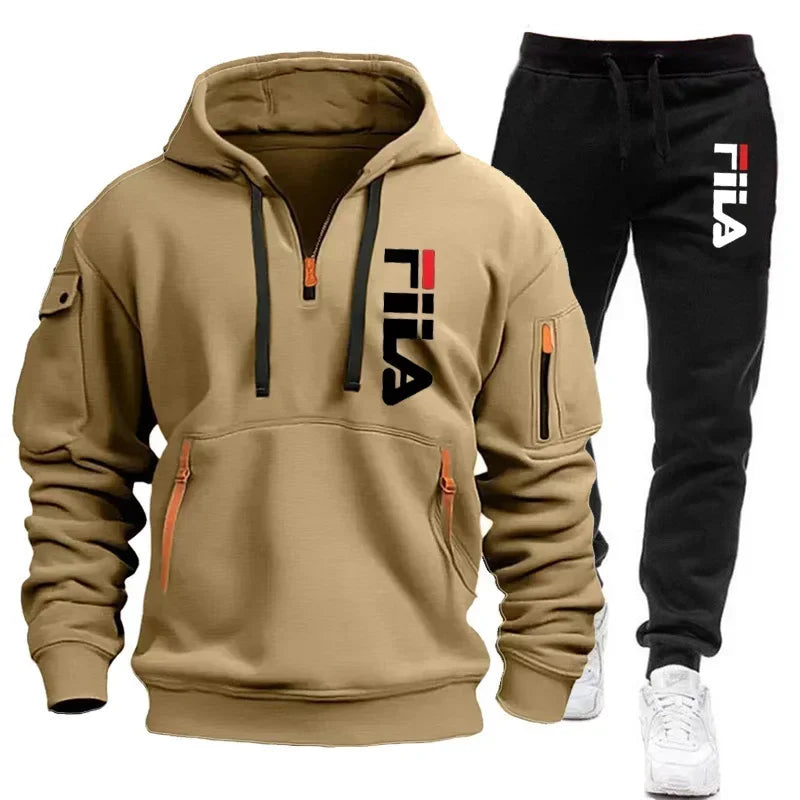 2026 Autumn and winter new men's multi pocket zipper hooded sports shirt+pants two-piece set, men's casual pullover sports set