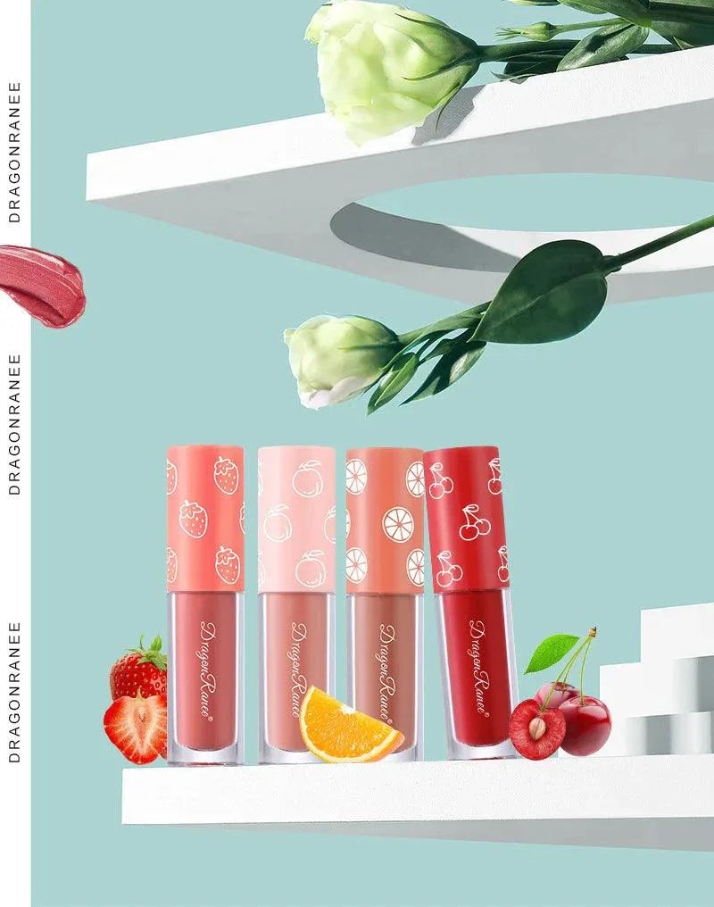 Mini Velvet Matte Lip Gloss Set 4 Piece Long Lasting Non Fading Non Stick Cup Fruit Scented Lip Tint Smooth Lightweight