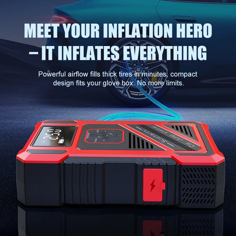 Portable 150PSI air pump, emergency car jump starter, power bank, LED lighting, air compressor,car starter suitable for all cars