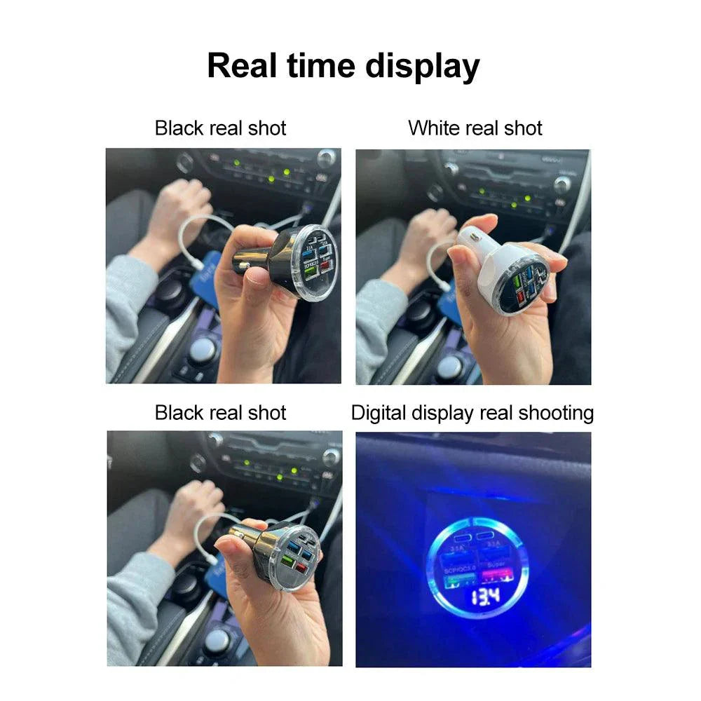 66-250W PD Car Charger QC3.0 Fast Charge with Digital Display 4USB and 2PD Ports for Car Cigarette Lighter Plug