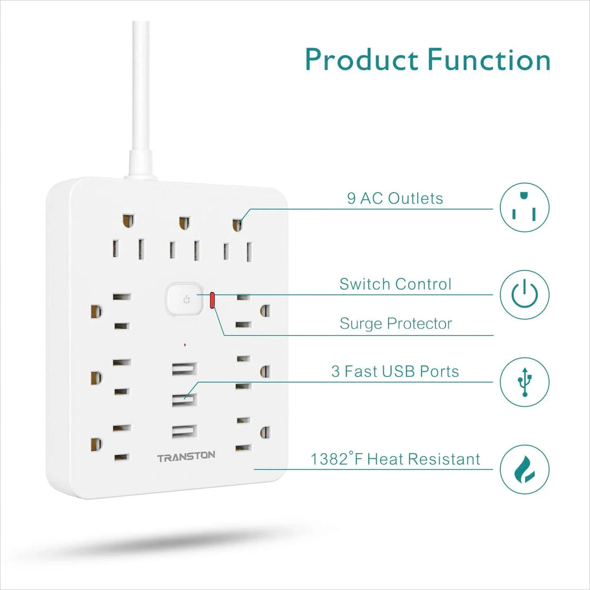 Power Strip with Surge Protector – 9 AC Outlets & 3 USB Ports, 5ft Extension Cord, Quick Charge, UL Certified Power Outlet for Home & Office (White)