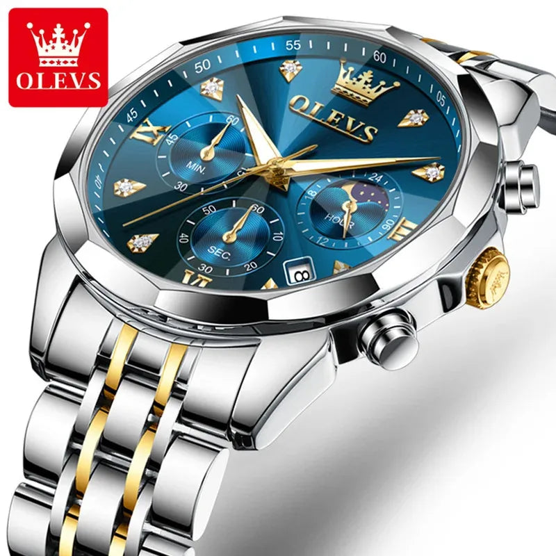 6OLEVS 370 Men's Watches Fashion Waterproof Calendar Luminous Moon Phase Quartz Watch Man Chronograph Clock