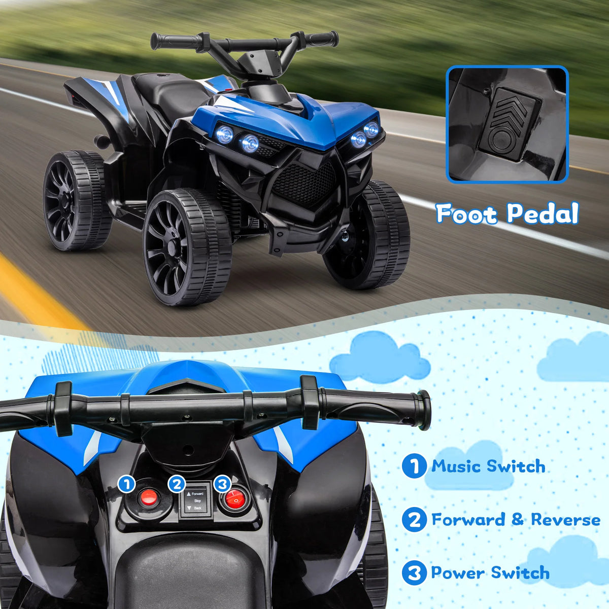 6V Ride On Toys 4-Wheeler Quad ATV Electric Car for Kids 1.8MPH Max Speed, Treaded Tires,Rubber Handles, Push-Button Accelerator