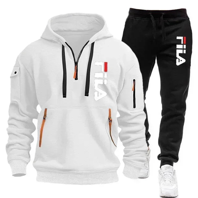 2026 Autumn and winter new men's multi pocket zipper hooded sports shirt+pants two-piece set, men's casual pullover sports set