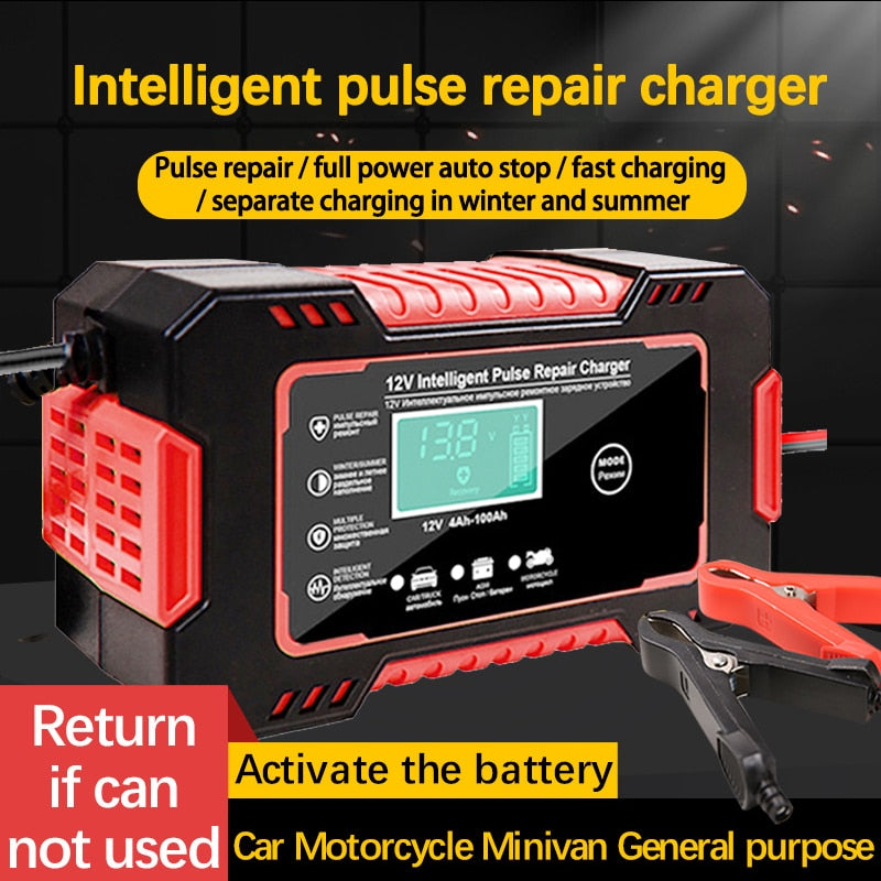 Smart 12V Battery Charger: Full Automatic Digital Display, Power Pulse Repair, Wet/Dry Lead Acid