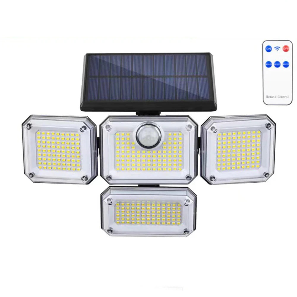 4-Head Outdoor Solar Motion Sensor Light – 122 LED Floodlight, 3000 Lumens, 270° Wide-Angle IP65 Waterproof Security Lamp