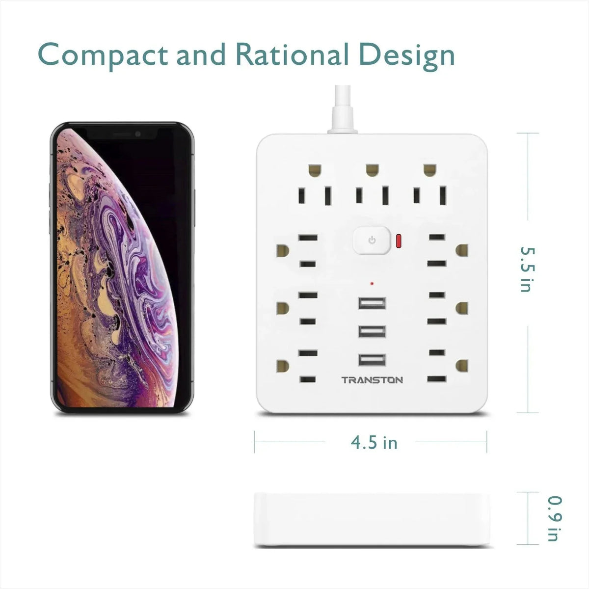 Power Strip with Surge Protector – 9 AC Outlets & 3 USB Ports, 5ft Extension Cord, Quick Charge, UL Certified Power Outlet for Home & Office (White)