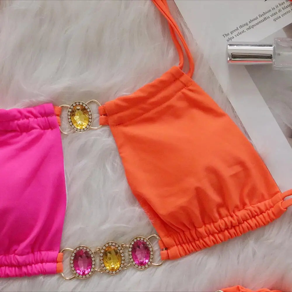 Rhinestones Splicing Bikini