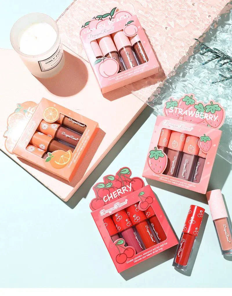 Mini Velvet Matte Lip Gloss Set 4 Piece Long Lasting Non Fading Non Stick Cup Fruit Scented Lip Tint Smooth Lightweight