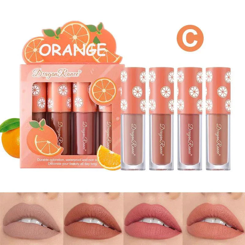 Mini Velvet Matte Lip Gloss Set 4 Piece Long Lasting Non Fading Non Stick Cup Fruit Scented Lip Tint Smooth Lightweight