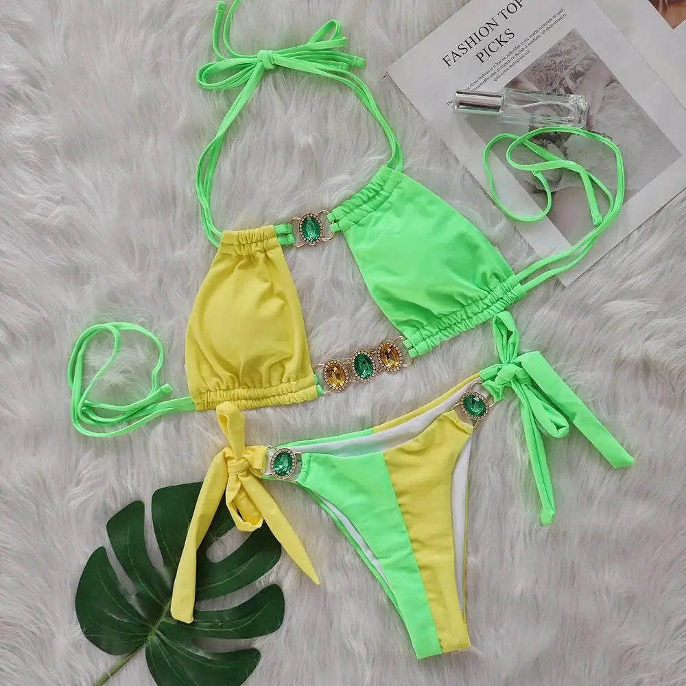 Rhinestones Splicing Bikini