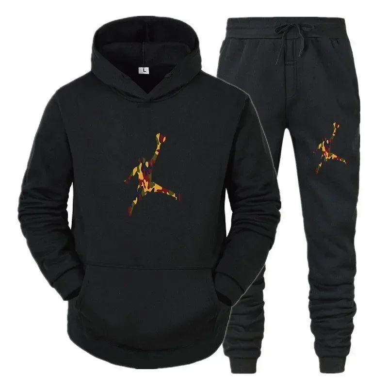 2025 New men's fashion casual sportswear, outdoor fitness jogging set, autumn and winter pullover hoodie + warm pants two-piece