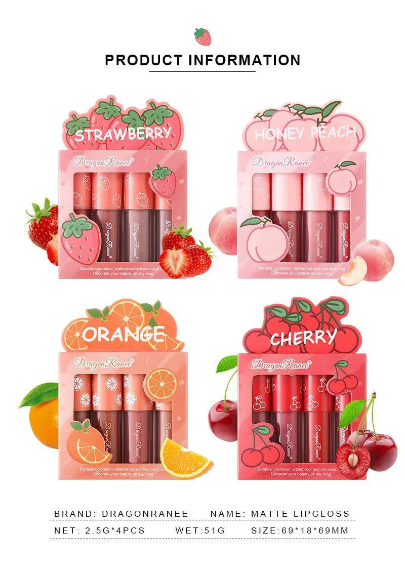 Mini Velvet Matte Lip Gloss Set 4 Piece Long Lasting Non Fading Non Stick Cup Fruit Scented Lip Tint Smooth Lightweight