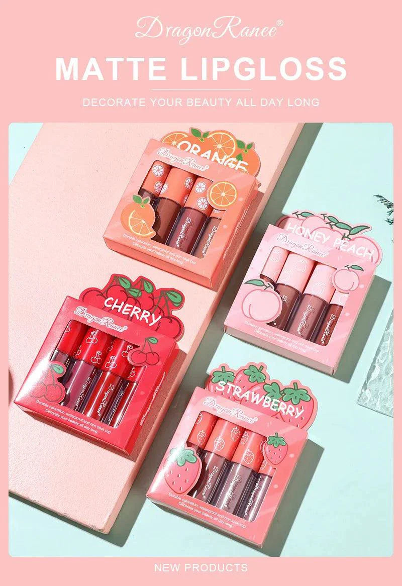Mini Velvet Matte Lip Gloss Set 4 Piece Long Lasting Non Fading Non Stick Cup Fruit Scented Lip Tint Smooth Lightweight