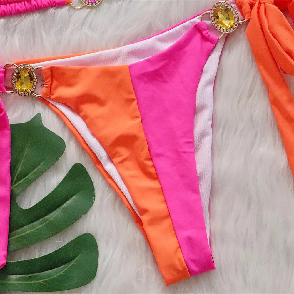 Rhinestones Splicing Bikini