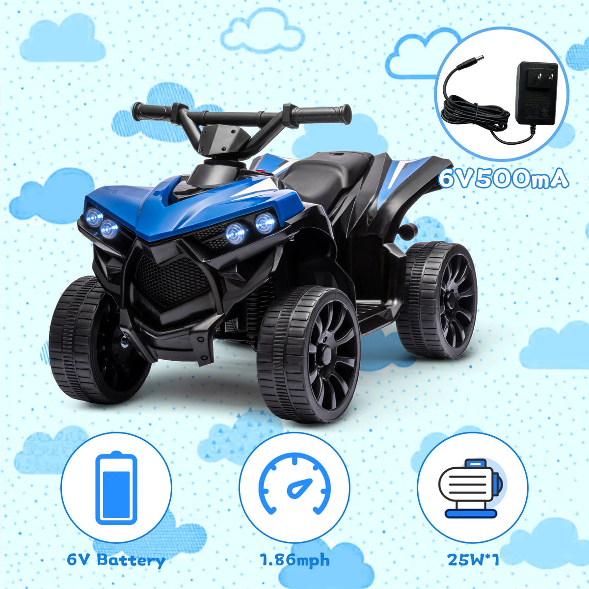 6V Ride On Toys 4-Wheeler Quad ATV Electric Car for Kids 1.8MPH Max Speed, Treaded Tires,Rubber Handles, Push-Button Accelerator