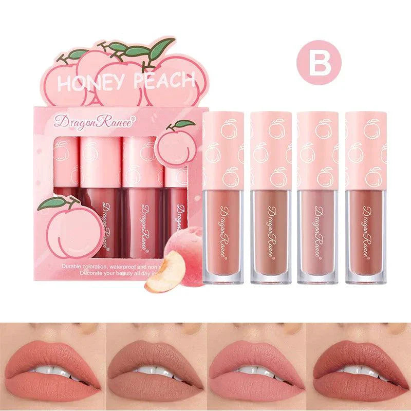 Mini Velvet Matte Lip Gloss Set 4 Piece Long Lasting Non Fading Non Stick Cup Fruit Scented Lip Tint Smooth Lightweight