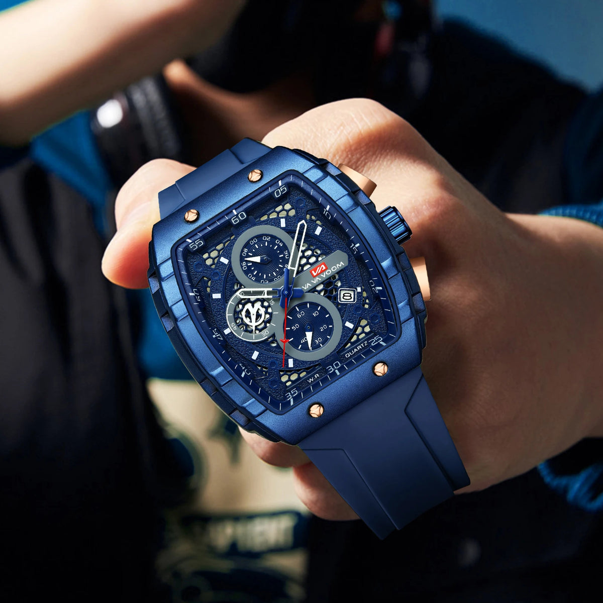 2025 New Men's Watch Multi functional Quartz Movement Rectangular Blue Dial Sports Clock Casual Fashion Silicone Strap Men Watch