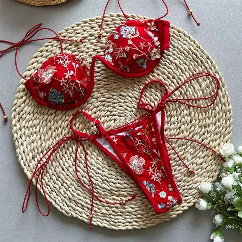 Floral Embroidery Micro Bikini