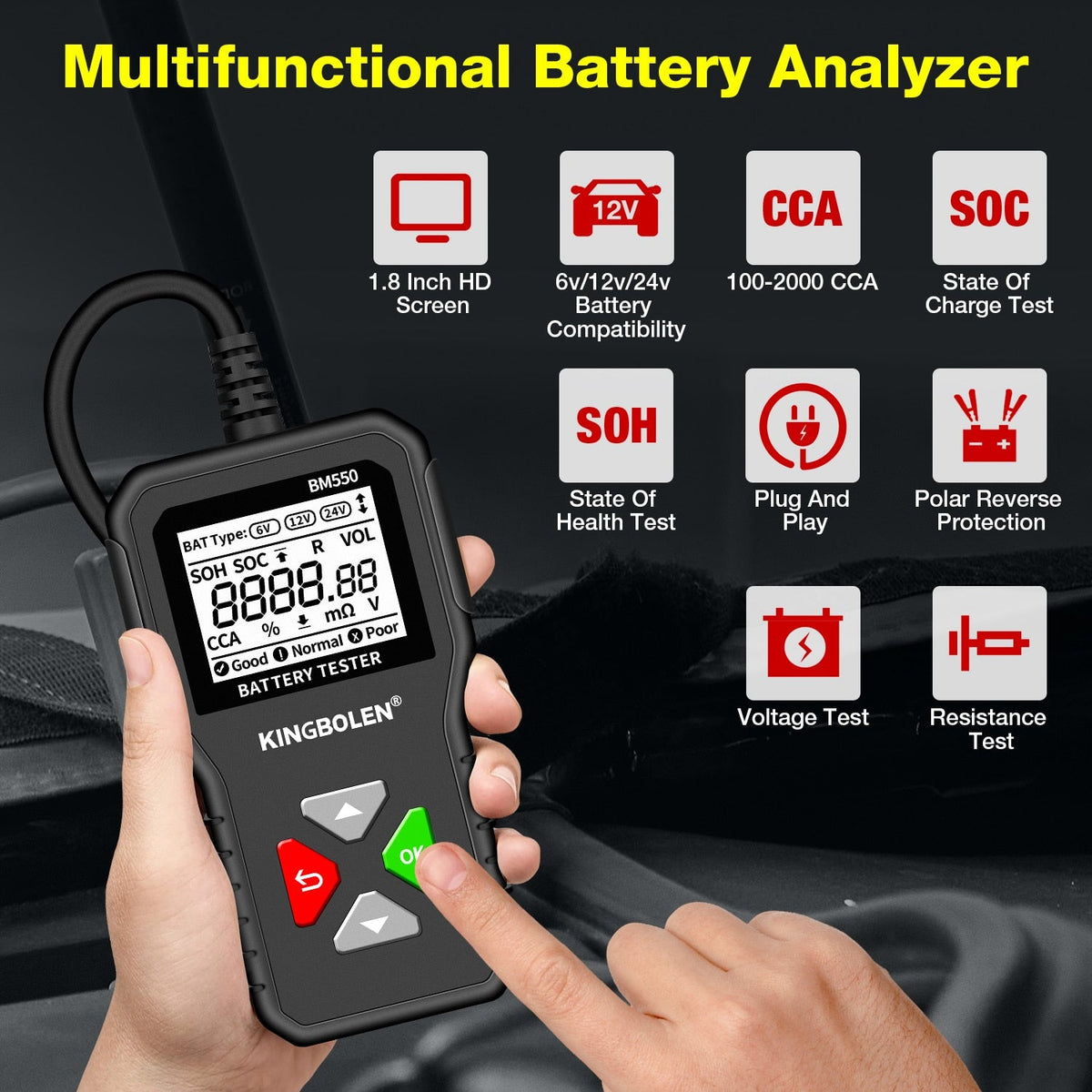 KINGBOLEN BM550 Car Battery Tester 6V 12V 24V 100-2000 CCA Battery System Detect Auto Battery Analyzer Car Battery Tool PK KW208