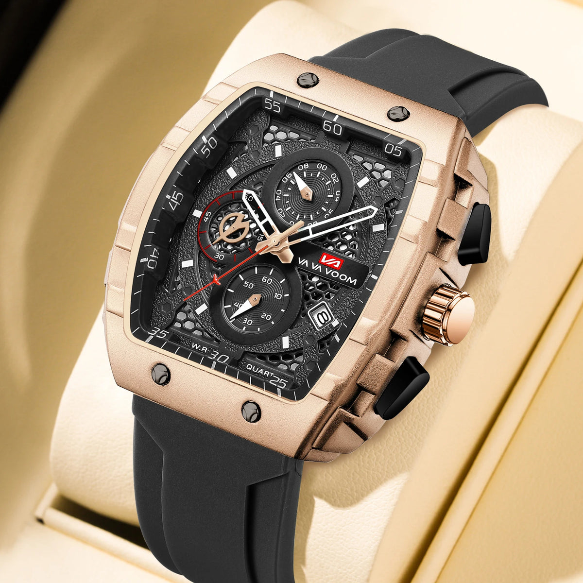 2025 New Men's Watch Multi functional Quartz Movement Rectangular Blue Dial Sports Clock Casual Fashion Silicone Strap Men Watch