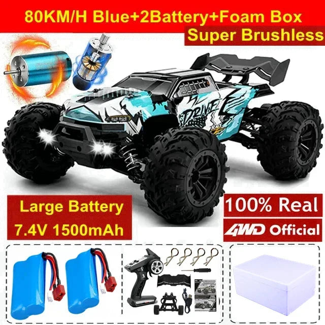4WD RC Off-Road Car - 1:16 High-Speed Brushless Truck, 50-80KM/H, 4x4 Drift Racing Toy for Kids & Adults